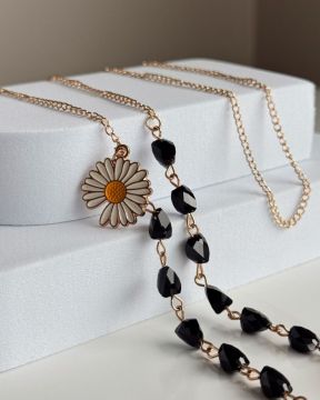 CORDÃO PARA ÓCULOS (PEDRAS PRETAS + FLOR)